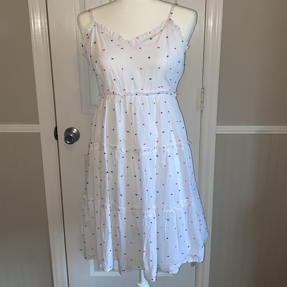 White with red and blue stitches through out, sundress.  Size large.